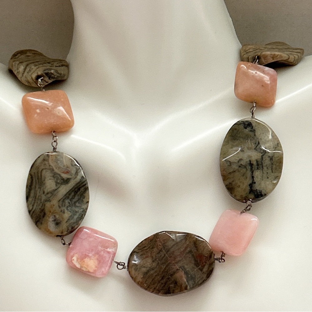 Rhodonite Jasper Pearl Sterling Silver Necklace